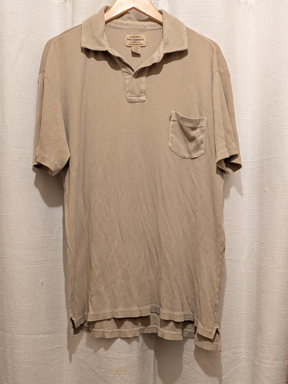 Vintage Men's Ralph Lauren Mfg Co Beige Short-Sleeve Ribbed Polo Shirt XXL